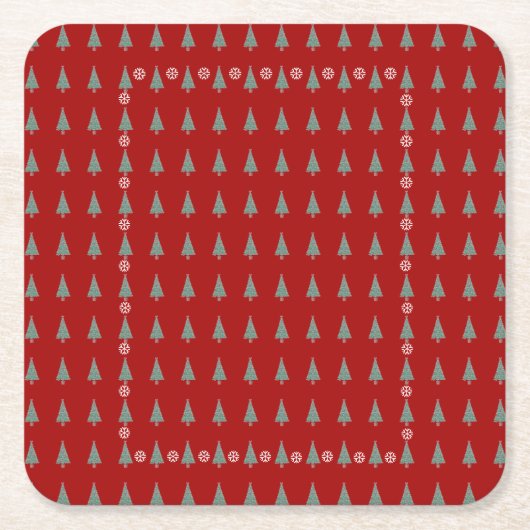 赤い弓のベルを飾ったクリスマスツリー スクエアペーパーコースター (正面)