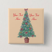 赤い弓のベルアートを飾ったクリスマスツリー 缶バッジ (正面)