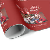 赤い弓の写真のスクリプトのクリスマス ラッピングペーパー (ロールコーナー)