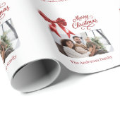 赤い弓の写真のスクリプト白いクリスマス ラッピングペーパー (ロールコーナー)