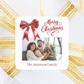 赤い弓の写真の白いスクリプトのクリスマス スクエアシール