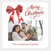 赤い弓の写真の白いスクリプトのクリスマス スクエアシール (正面)