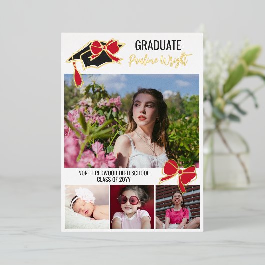 赤い弓の写真金箔のアウトライン卒業 箔招待状 (立ち正面)