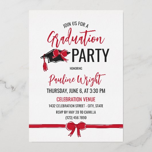 赤い弓の写真金箔のアウトライン卒業 箔招待状 (裏面)