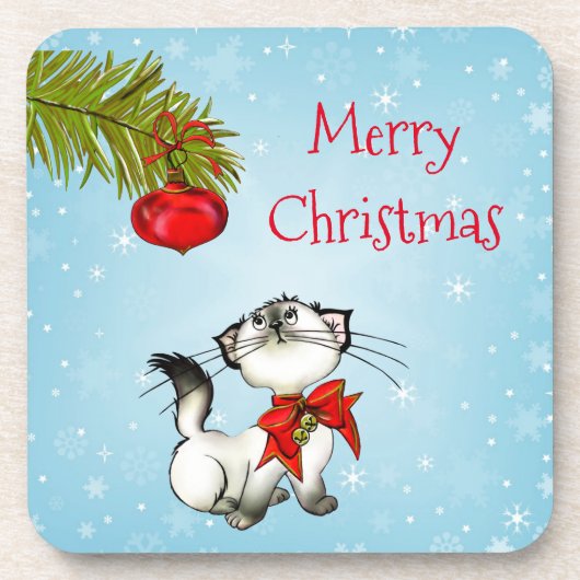 赤い弓の奇妙なクリスマス子猫 コースター (正面)