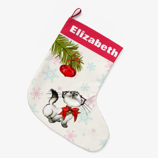 赤い弓の子猫を持つ奇妙なクリスマスカスタム ラージクリスマスストッキング (正面 (吊り時))