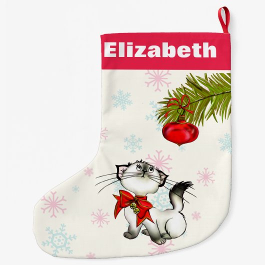 赤い弓の子猫を持つ奇妙なクリスマスカスタム ラージクリスマスストッキング (裏面)