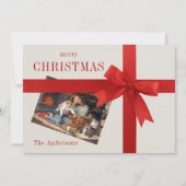 赤い弓の家族の写真市松模様にクリスマスカード シーズンカード (正面)