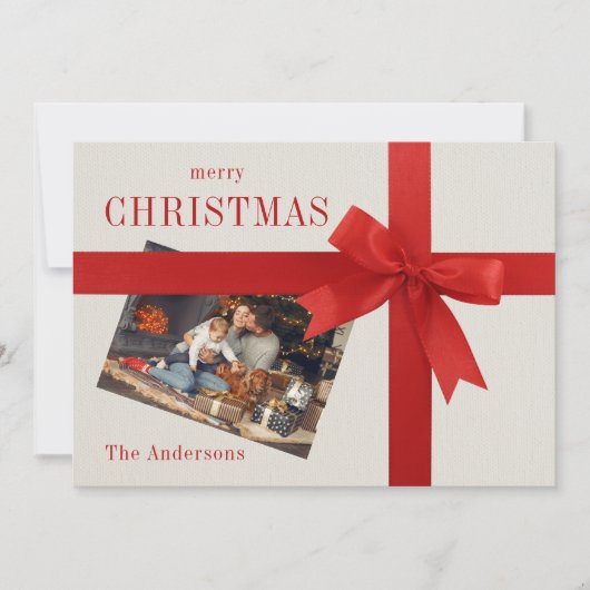 赤い弓の家族の写真市松模様にクリスマスカード シーズンカード (正面)