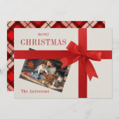 赤い弓の家族の写真市松模様にクリスマスカード シーズンカード (正面/裏面)