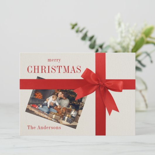 赤い弓の家族の写真市松模様にクリスマスカード シーズンカード (スタンド正面)