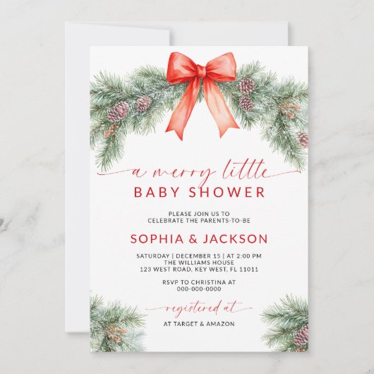 赤い弓の小さなメリー赤ちゃんシャワー招待状 招待状 (正面)