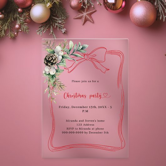 赤い弓の松の緑のクリスマスパーティー霜 アクリル招待状