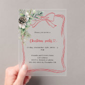 赤い弓の松の緑のクリスマスパーティー霜 アクリル招待状 (インサイチュ (ポータブル))