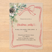 赤い弓の松の緑のクリスマスパーティー霜 アクリル招待状 (正面)