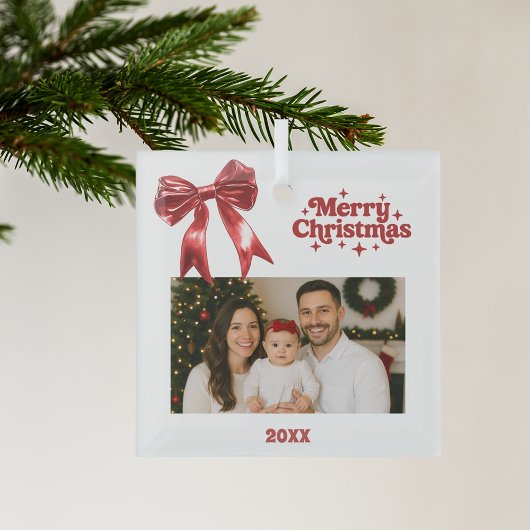 赤い弓の白いクリスマス写真 ガラスオーナメント