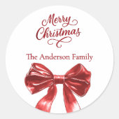 赤い弓の白いクリスマス ラウンドシール (正面)