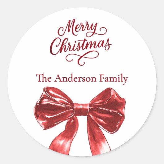 赤い弓の白いクリスマス ラウンドシール (正面)
