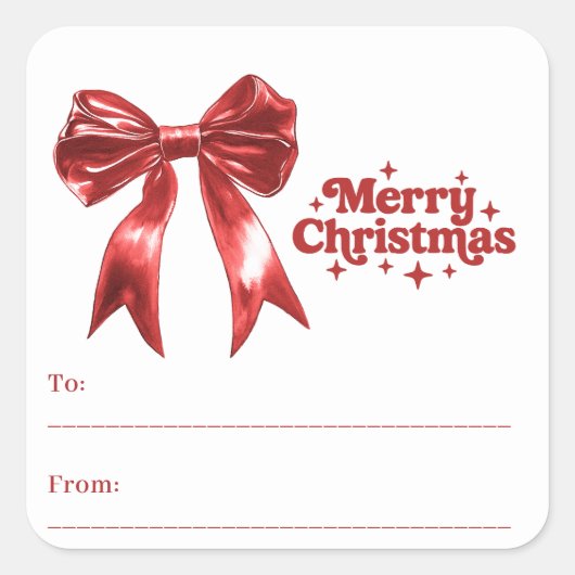 赤い弓の白いモダンクリスマスプレゼントのラッピング スクエアシール (正面)