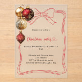 赤い弓の金ゴールドバウスクリスマスパーティーの霜 アクリル招待状 (正面)