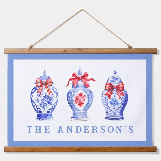 赤い弓を使った陳腐なジンジャージャー |クリスマス 吊り下げ型タペストリー (正面)