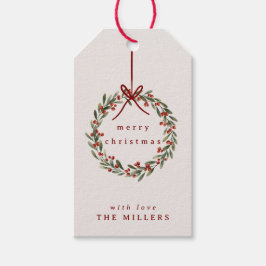 赤い弓を持つクリスマスの葉リース ギフトタグ