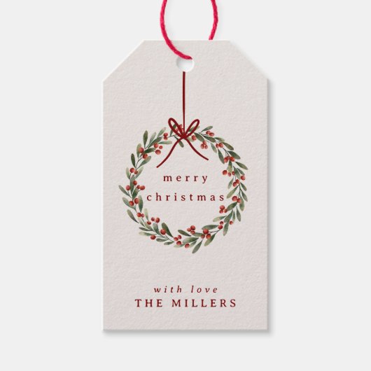 赤い弓を持つクリスマスの葉リース ギフトタグ (正面)
