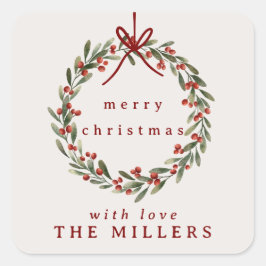 赤い弓を持つクリスマスの葉リース スクエアシール