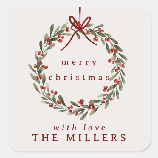 赤い弓を持つクリスマスの葉リース スクエアシール (正面)