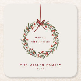 赤い弓を持つクリスマスの葉リース スクエアペーパーコースター