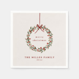 赤い弓を持つクリスマスの葉リース スタンダードカクテルナプキン