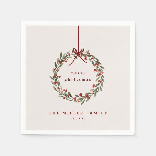 赤い弓を持つクリスマスの葉リース スタンダードカクテルナプキン (正面)