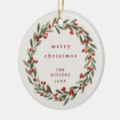 赤い弓を持つクリスマスの葉リース セラミックオーナメント (左)