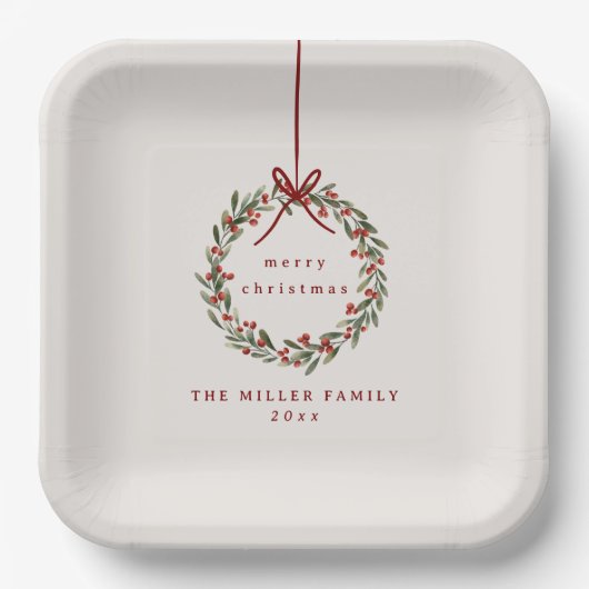 赤い弓を持つクリスマスの葉リース ペーパープレート (正面)