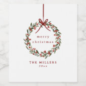 赤い弓を持つクリスマスの葉リース ワインラベル (シングルラベル)