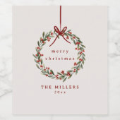 赤い弓を持つクリスマスの葉リース ワインラベル (シングルラベル)