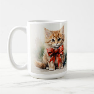 赤い弓を持つフワフワのオレンジ色の虎猫子猫 コーヒーマグカップ