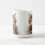 赤い弓を持つフワフワ茶色の虎猫子猫 コーヒーマグカップ (中央)