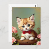 赤い弓を着たかわいい子猫。油絵。 ポストカード (正面/裏面)