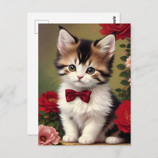 赤い弓を身につけたかわいい子猫 ポストカード (正面/裏面)