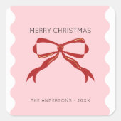 赤い弓コケットのスクエグリ縁どスクリスマス スクエアシール (正面)