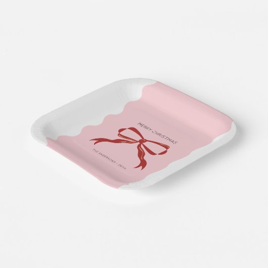 赤い弓コケットのスクエグリ縁どスクリスマス ペーパープレート (傾斜あり)