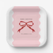 赤い弓コケットのスクエグリ縁どスクリスマス ペーパープレート (正面)