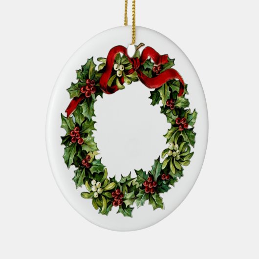 赤い弓ヒイラギのギフトのコレクションが付いているヴィンテージのリース セラミックオーナメント (右)