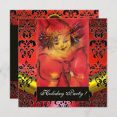 赤い弓ブラック金ゴールドダマスクモノグラムルビー付きピエロ 招待状 (正面/裏面)