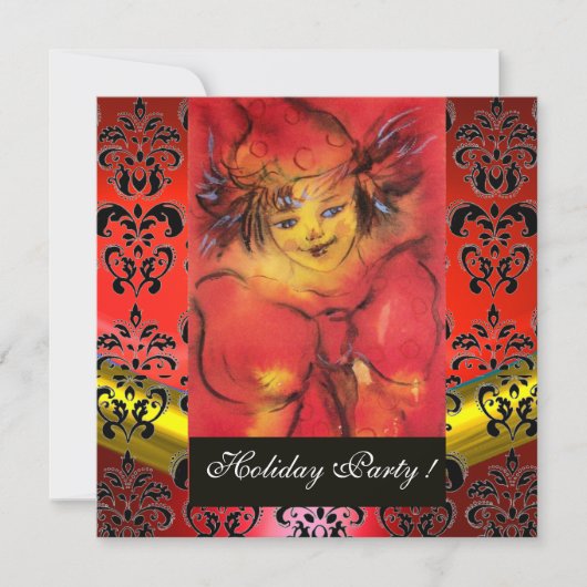 赤い弓ブラック金ゴールドダマスクモノグラムルビー付きピエロ 招待状 (正面)