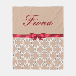 赤い弓リボンおよび白いクローバーのモノグラム フリースブランケット