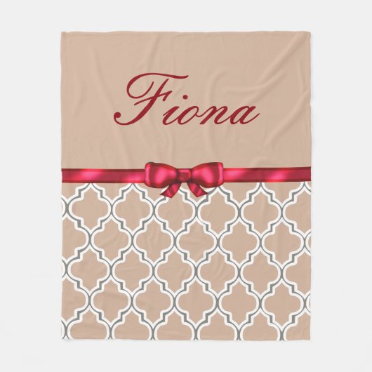 赤い弓リボンおよび白いクローバーのモノグラム フリースブランケット (正面)