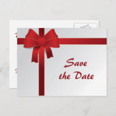 赤い弓冬の結婚式の日付を保存 案内ポストカード (正面/裏面)
