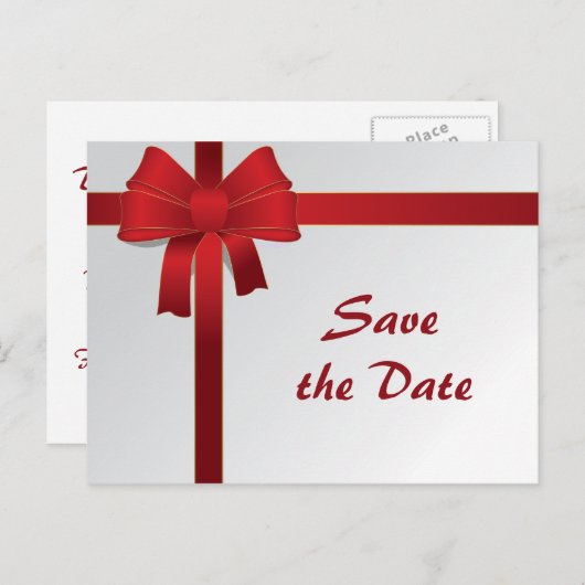 赤い弓冬の結婚式の日付を保存 案内ポストカード (正面/裏面)